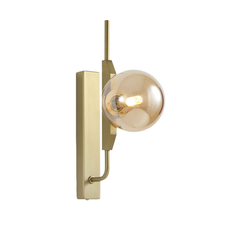Lisslune | LED Bedroom Wall Light with Spherical Smoky/White/Amber Glass Shade Modern Brass Wall Mount Light