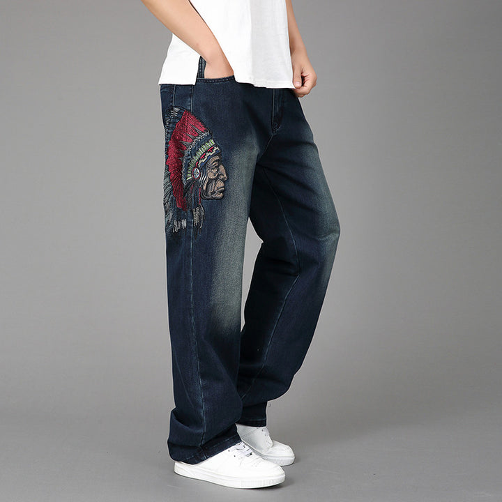 Men's Wide Denim Jeans with Artistic Embroidery Lisslune