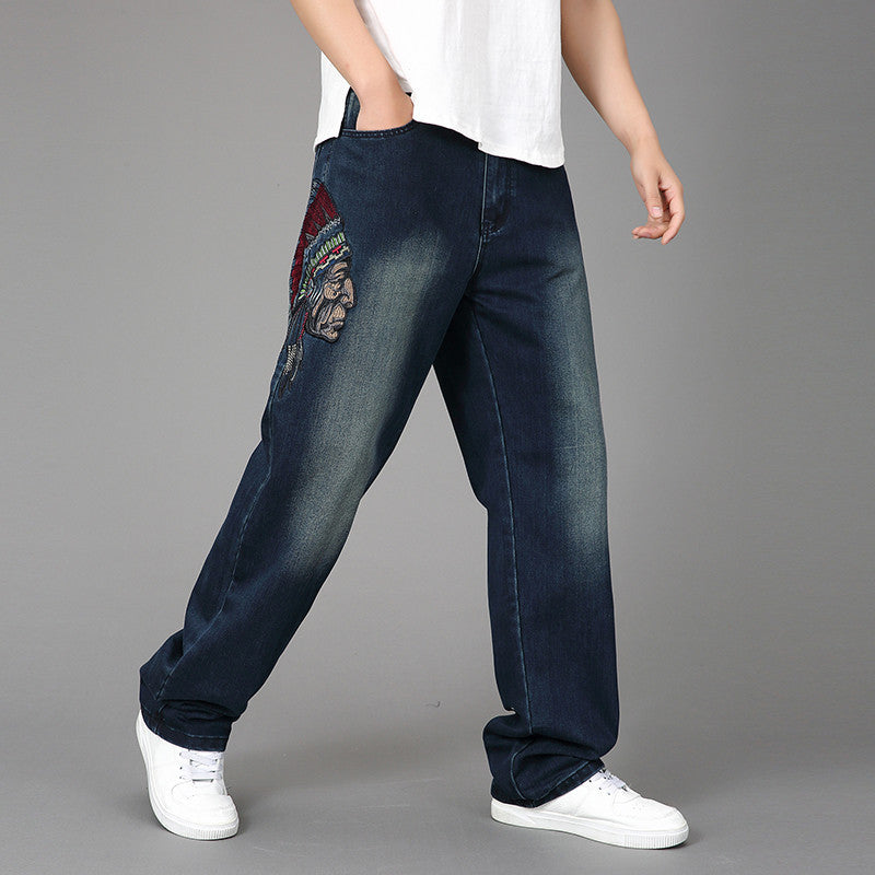 Men's Wide Denim Jeans with Artistic Embroidery Lisslune