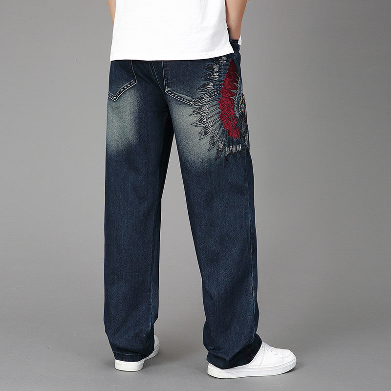 Men's Wide Denim Jeans with Artistic Embroidery Lisslune