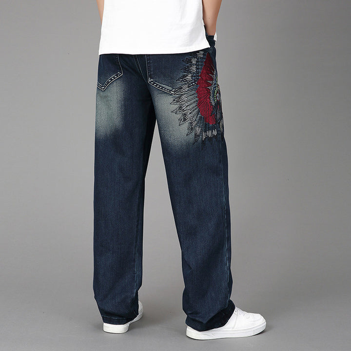 Men's Wide Denim Jeans with Artistic Embroidery Lisslune