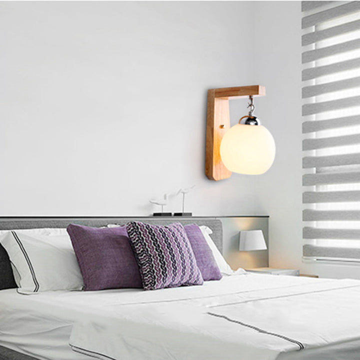 Lisslune | Modern Globe Pendant Light Opal Glass 1-Bulb White Wall Lamp with Wooden Base for the Bedroom