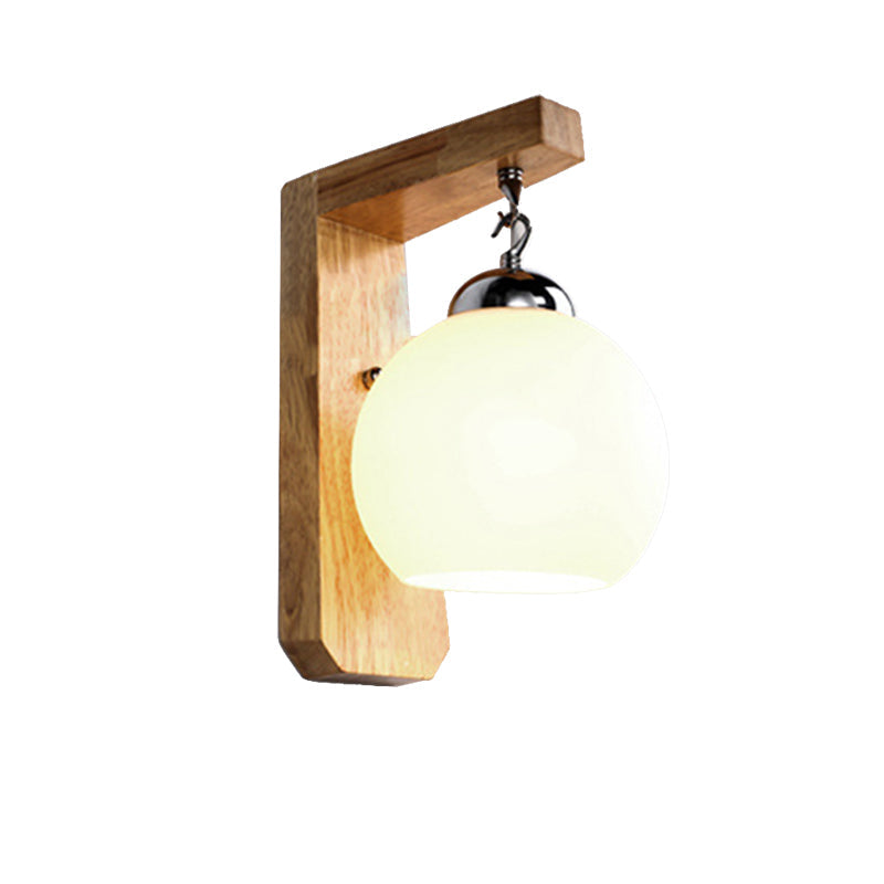 Lisslune | Modern Globe Pendant Light Opal Glass 1-Bulb White Wall Lamp with Wooden Base for the Bedroom