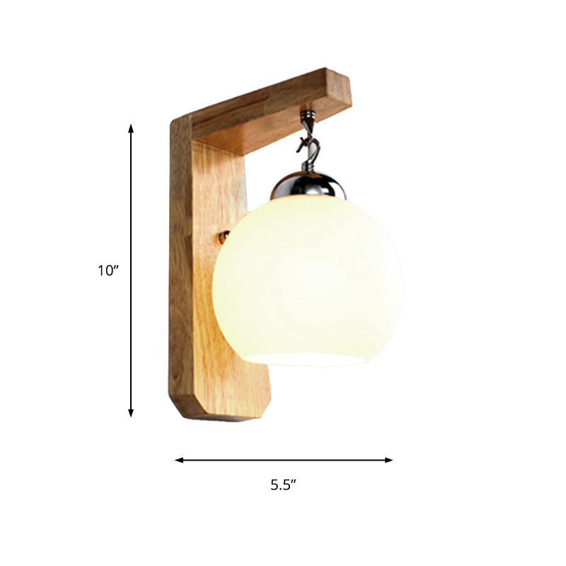 Lisslune | Modern Globe Pendant Light Opal Glass 1-Bulb White Wall Lamp with Wooden Base for the Bedroom