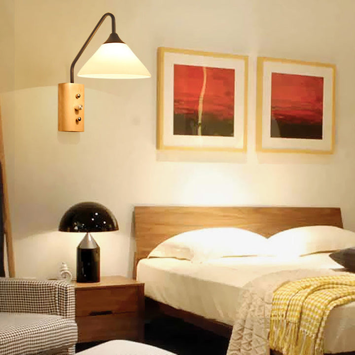 Lisslune | Milk glass conical wall lamp dining room corridor 1 light modern wall light with wooden base