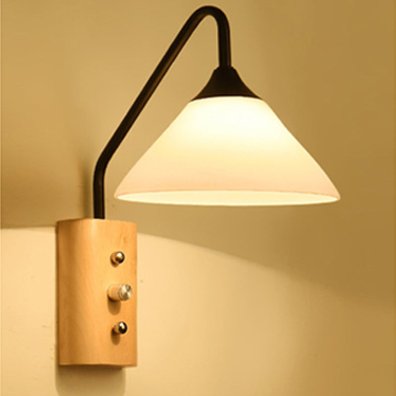 Lisslune | Milk glass conical wall lamp dining room corridor 1 light modern wall light with wooden base