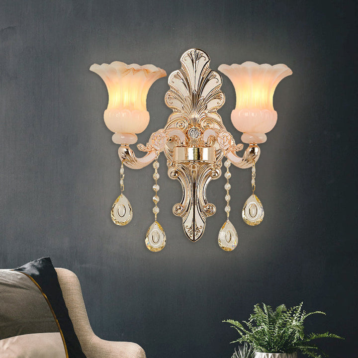 Lisslune | Crystal Champagne Wall Lighting Idea Flower Shade 1/2-Head Classic Wall-Mounted Lamp Light
