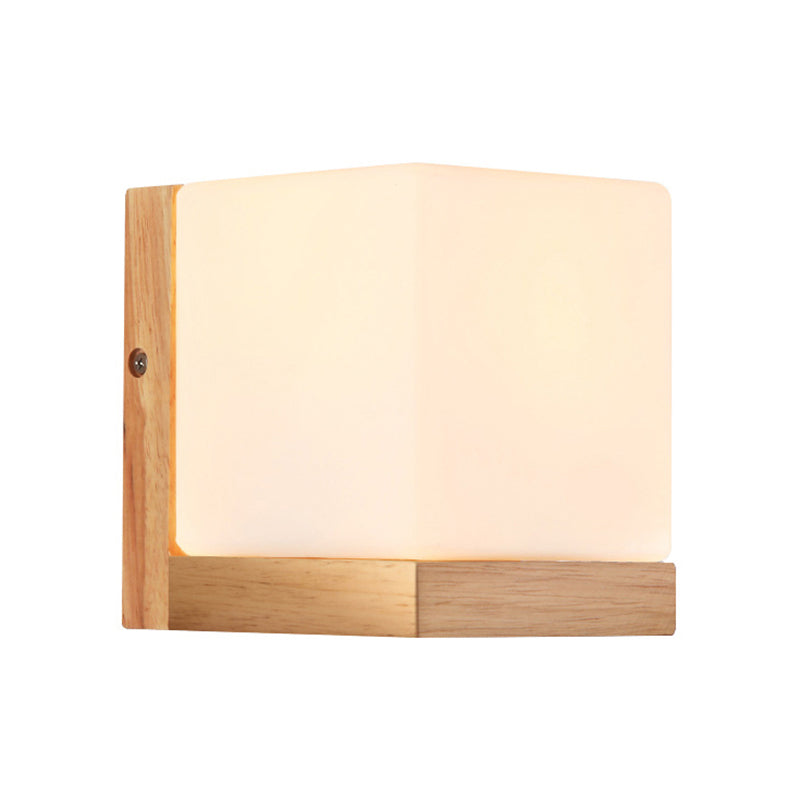 Skørter | Hotel Restaurant Cube Wall Lamp Opal Glass Wood 1 Light Japanese Style White Wall Lamp