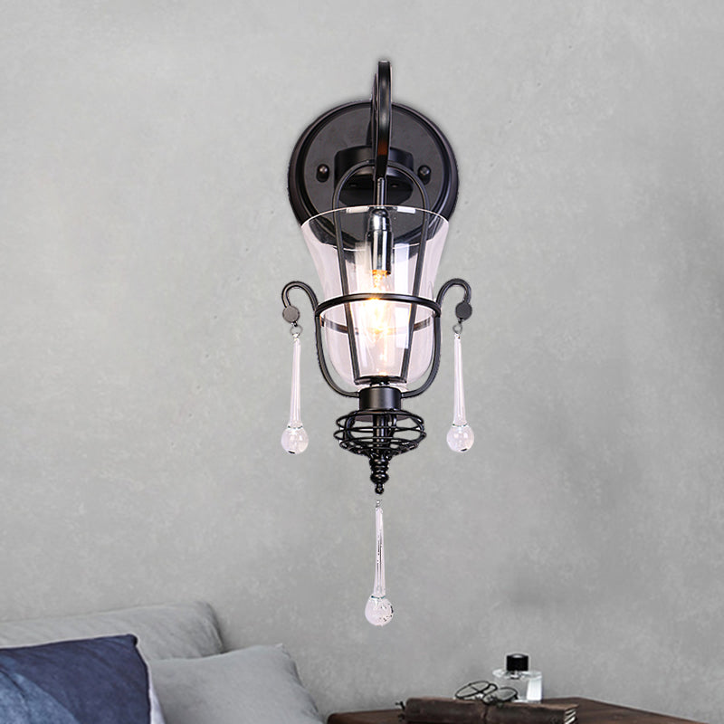 Lisslune | Metallic Cantilever Wall Mount Lighting Modernist 1/2 Light Black Wall Lamp with Clear Glass Shade