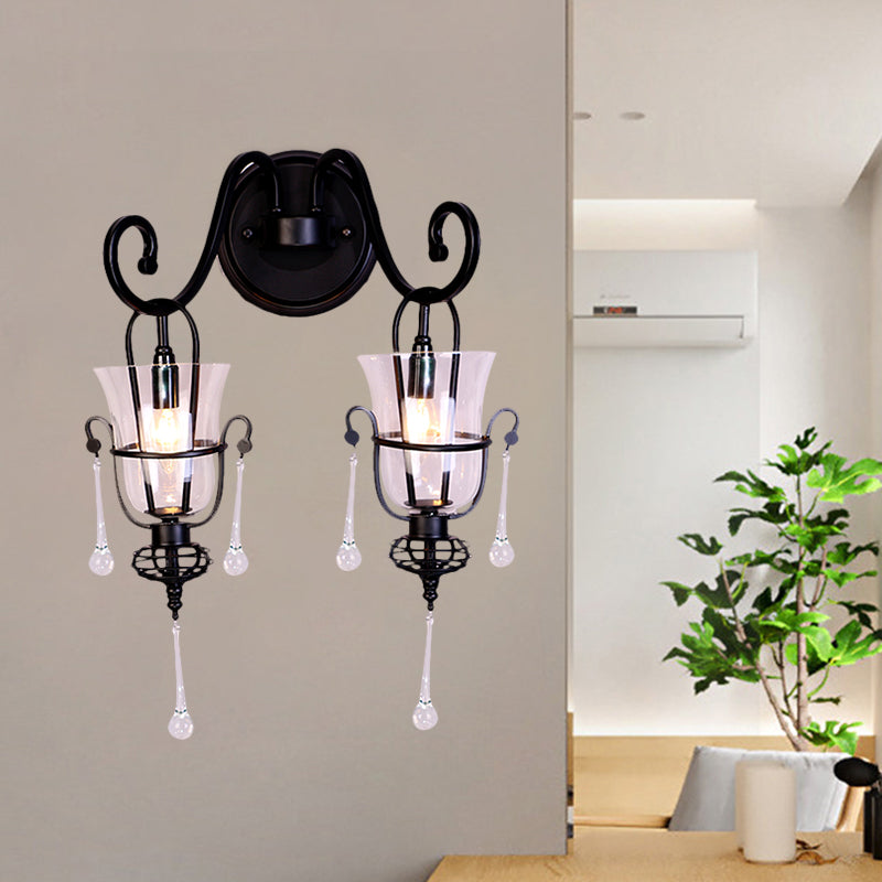 Lisslune | Metallic Cantilever Wall Mount Lighting Modernist 1/2 Light Black Wall Lamp with Clear Glass Shade
