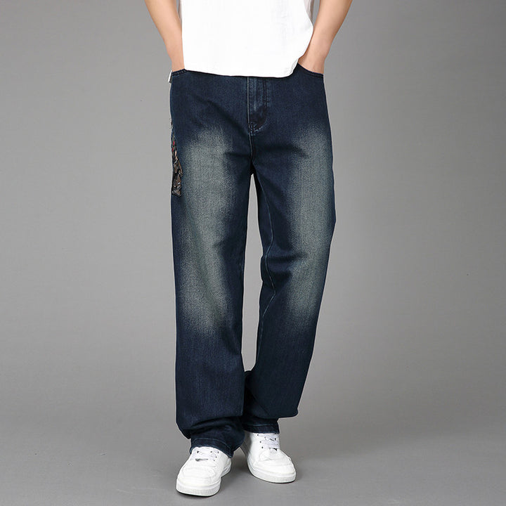Men's Wide Denim Jeans with Artistic Embroidery Lisslune