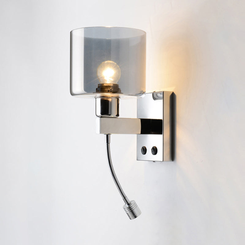 Lisslune | Cylindrical gray glass wall lamp modernist 1 light chrome wall light with 1 switch/2 switches/no switch