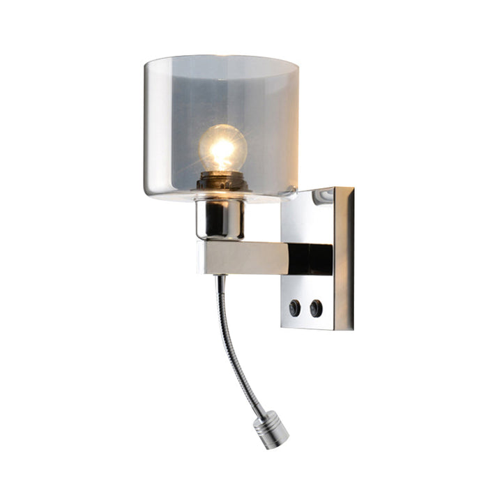 Lisslune | Cylindrical gray glass wall lamp modernist 1 light chrome wall light with 1 switch/2 switches/no switch