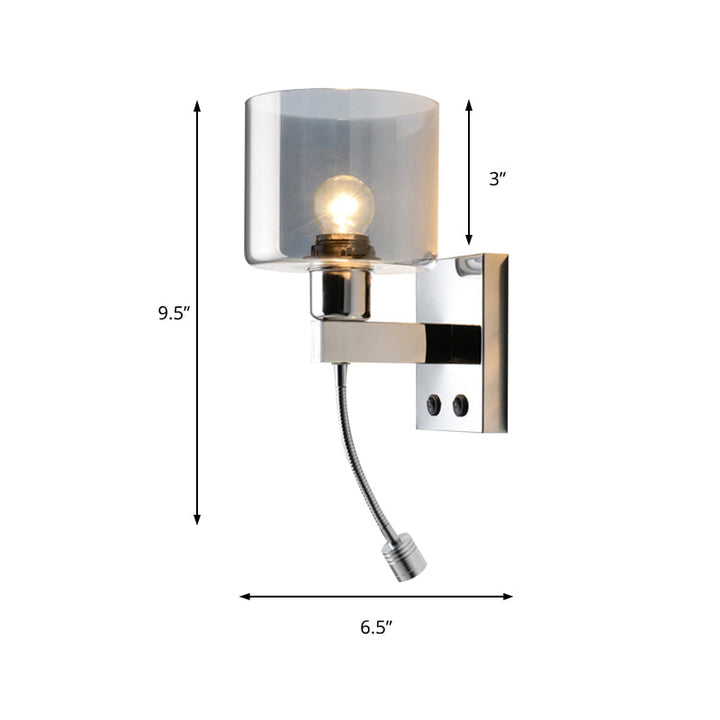 Lisslune | Cylindrical gray glass wall lamp modernist 1 light chrome wall light with 1 switch/2 switches/no switch