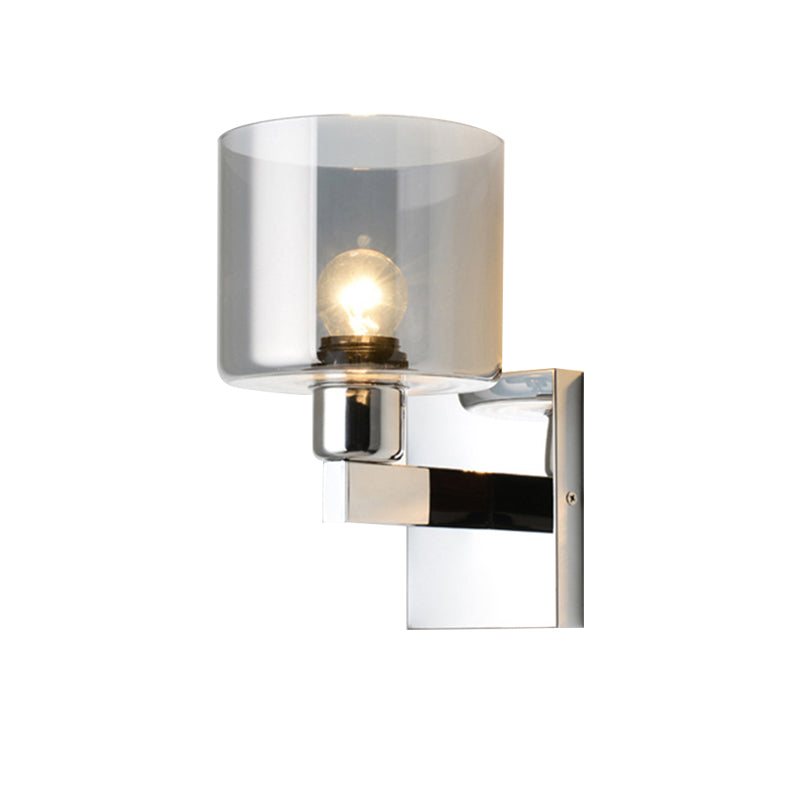 Lisslune | Cylindrical gray glass wall lamp modernist 1 light chrome wall light with 1 switch/2 switches/no switch