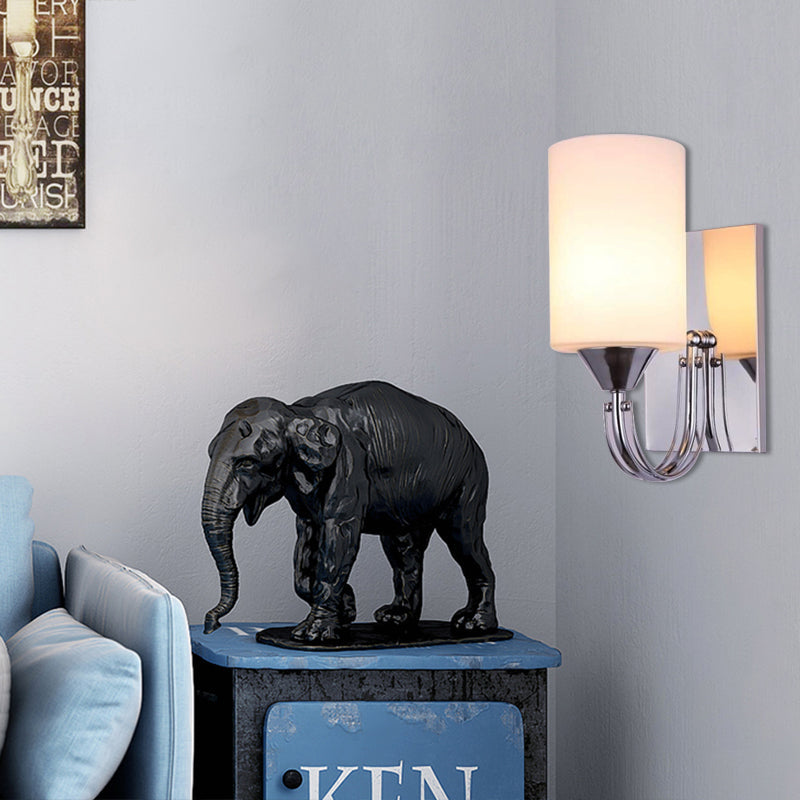 Lisslune | Silver Cylindrical Wall Light Modern 1 Light White Glass Wall Mounted Lamp with Curved Arm
