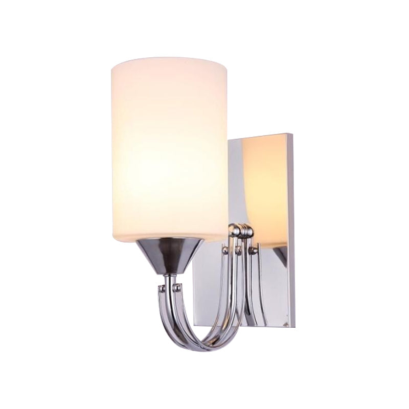 Lisslune | Silver Cylindrical Wall Light Modern 1 Light White Glass Wall Mounted Lamp with Curved Arm