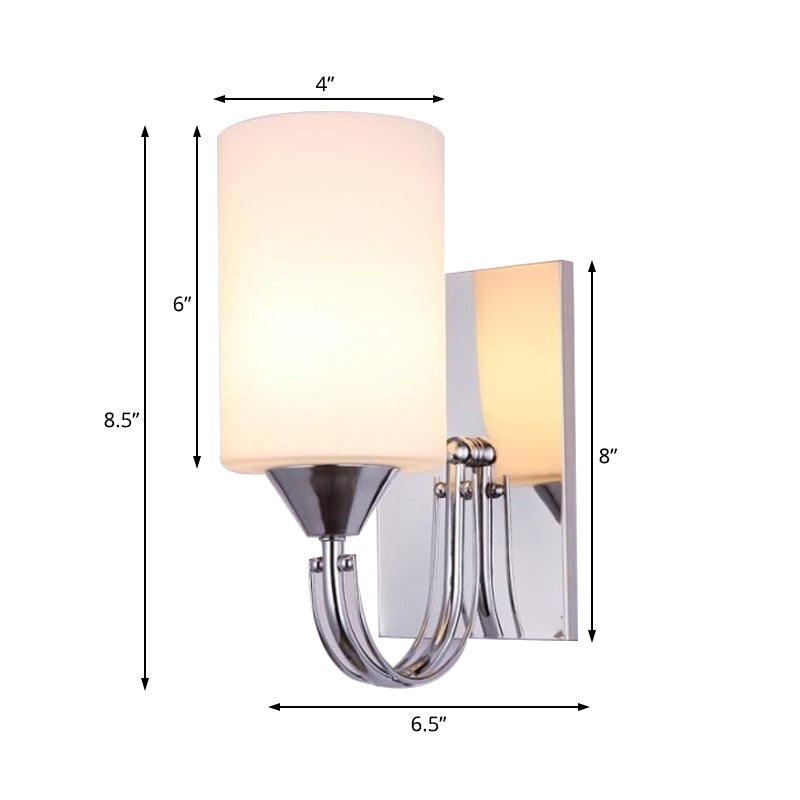 Lisslune | Silver Cylindrical Wall Light Modern 1 Light White Glass Wall Mounted Lamp with Curved Arm