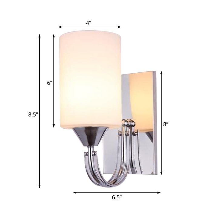 Lisslune | Silver Cylindrical Wall Light Modern 1 Light White Glass Wall Mounted Lamp with Curved Arm