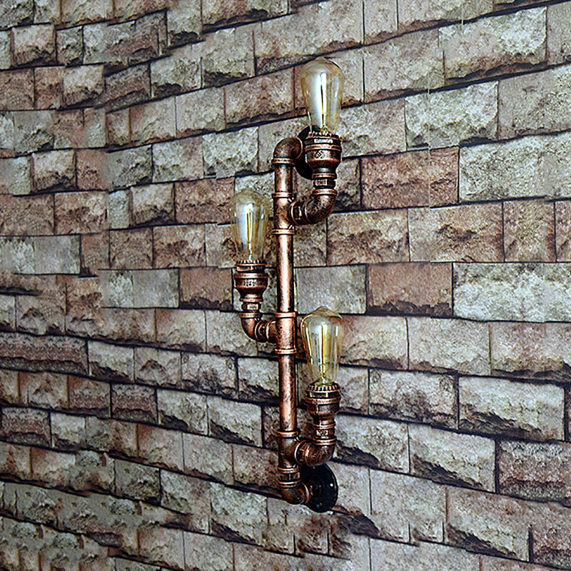 Skørter | Warehouse Water Pipe Wall Lamp with Exposed Light Bulb 2/3 Lights Iron Wall Lamp in Aged Copper