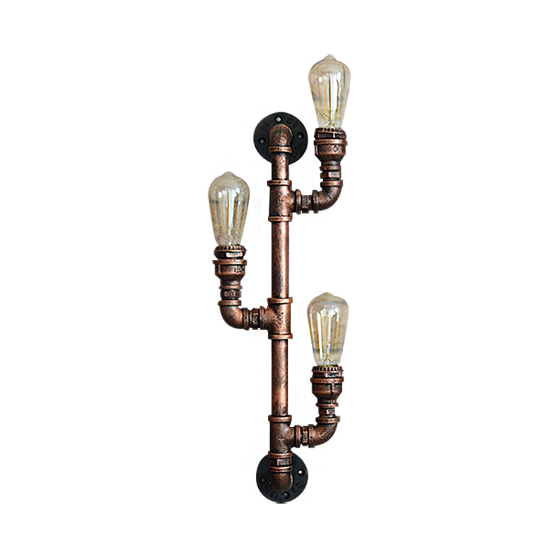 Skørter | Warehouse Water Pipe Wall Lamp with Exposed Light Bulb 2/3 Lights Iron Wall Lamp in Aged Copper