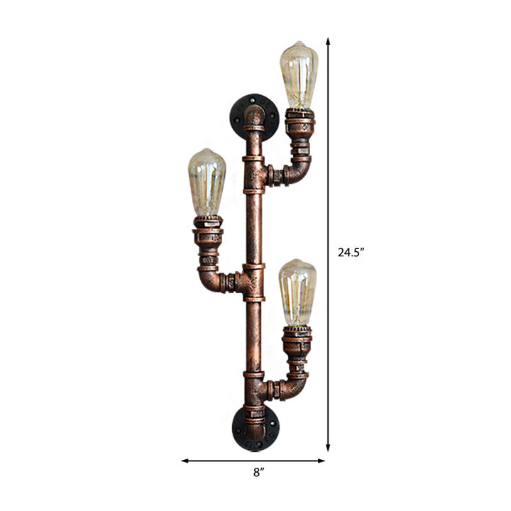 Skørter | Warehouse Water Pipe Wall Lamp with Exposed Light Bulb 2/3 Lights Iron Wall Lamp in Aged Copper