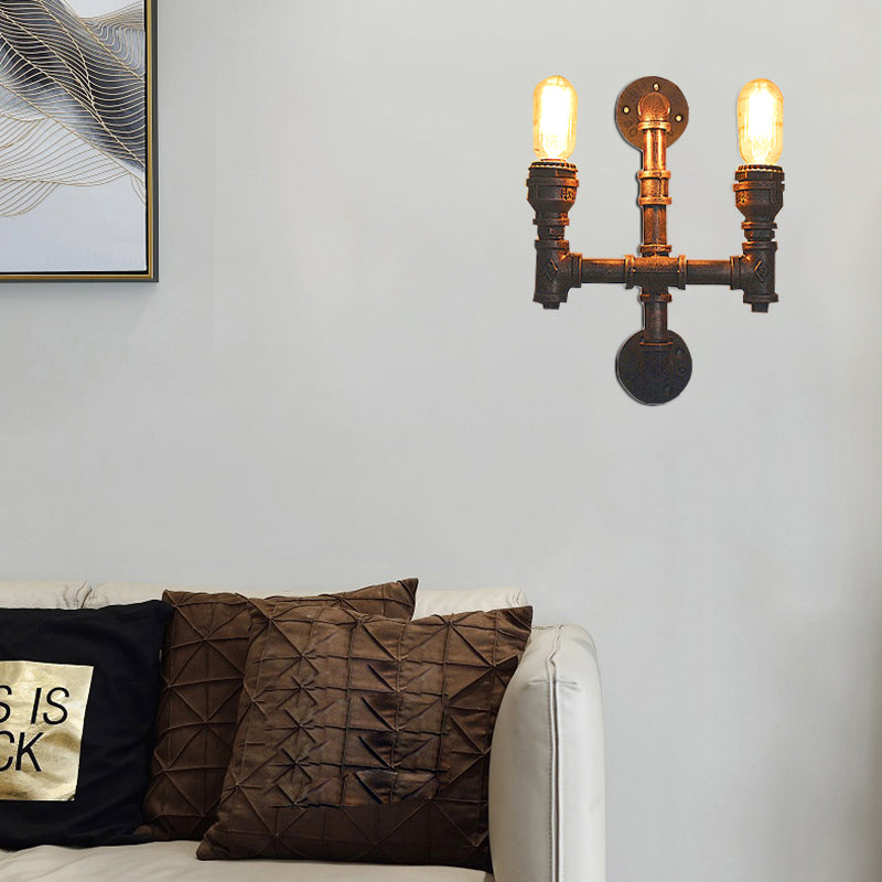 Skørter | Warehouse Water Pipe Wall Lamp with Exposed Light Bulb 2/3 Lights Iron Wall Lamp in Aged Copper