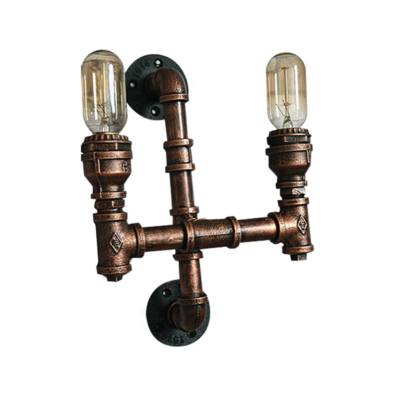 Skørter | Warehouse Water Pipe Wall Lamp with Exposed Light Bulb 2/3 Lights Iron Wall Lamp in Aged Copper