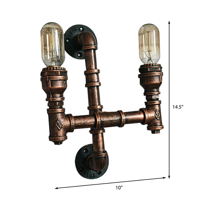 Skørter | Warehouse Water Pipe Wall Lamp with Exposed Light Bulb 2/3 Lights Iron Wall Lamp in Aged Copper