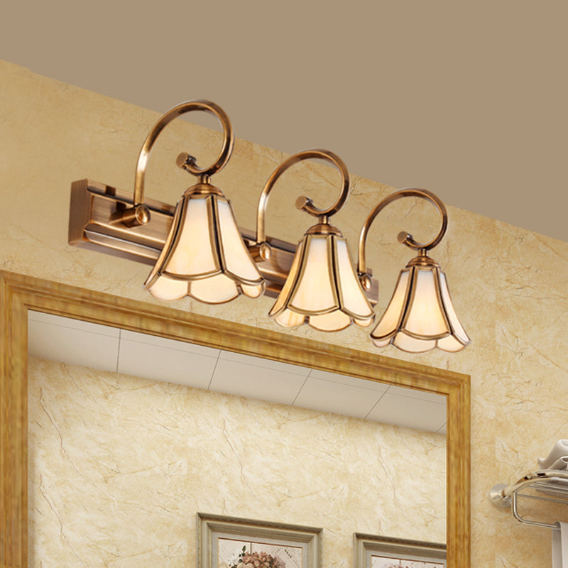 Skørter | Milk Glass Wave Edge Vanity Lamp Colonial Style 1/2/3-Head Bathroom Wall Light Fixture in Gold