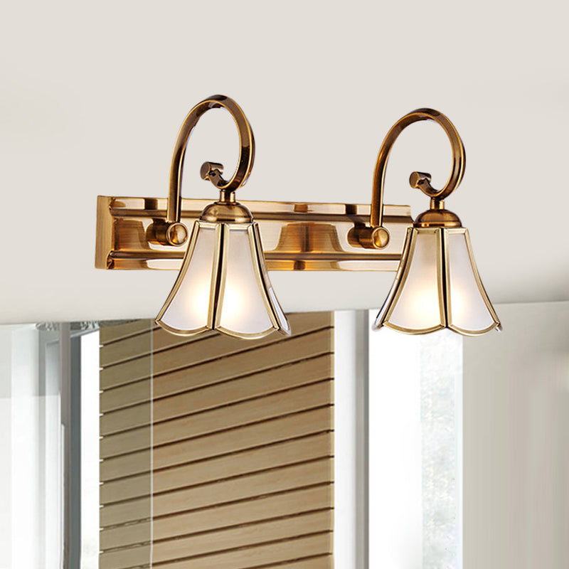 Skørter | Milk Glass Wave Edge Vanity Lamp Colonial Style 1/2/3-Head Bathroom Wall Light Fixture in Gold