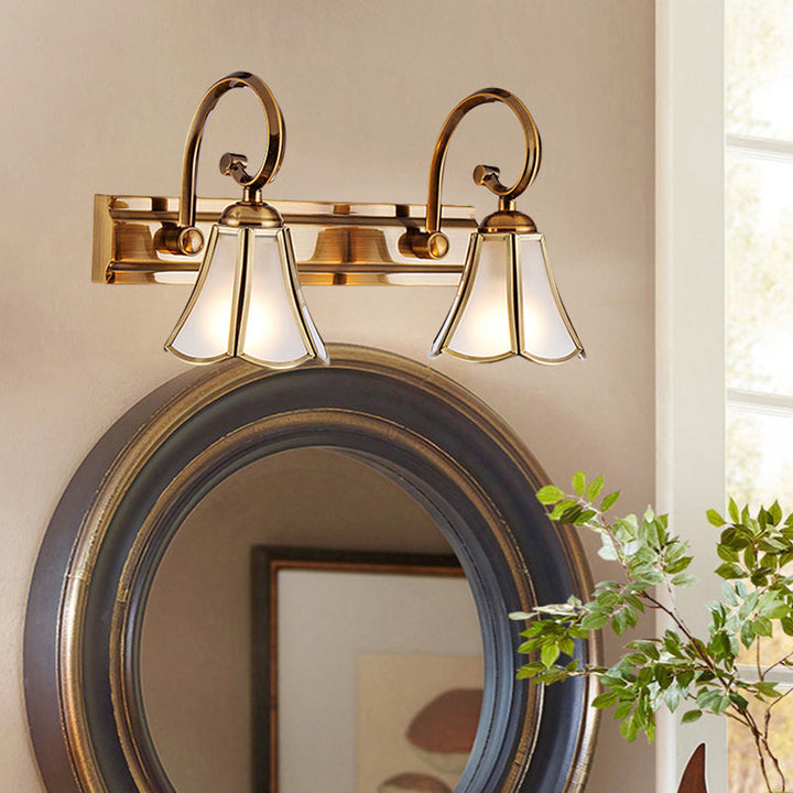 Skørter | Milk Glass Wave Edge Vanity Lamp Colonial Style 1/2/3-Head Bathroom Wall Light Fixture in Gold