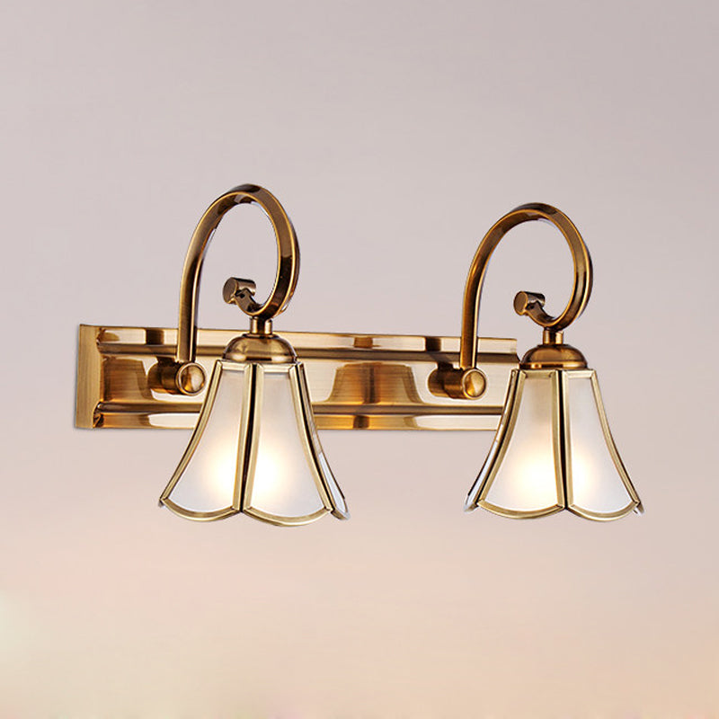 Skørter | Milk Glass Wave Edge Vanity Lamp Colonial Style 1/2/3-Head Bathroom Wall Light Fixture in Gold
