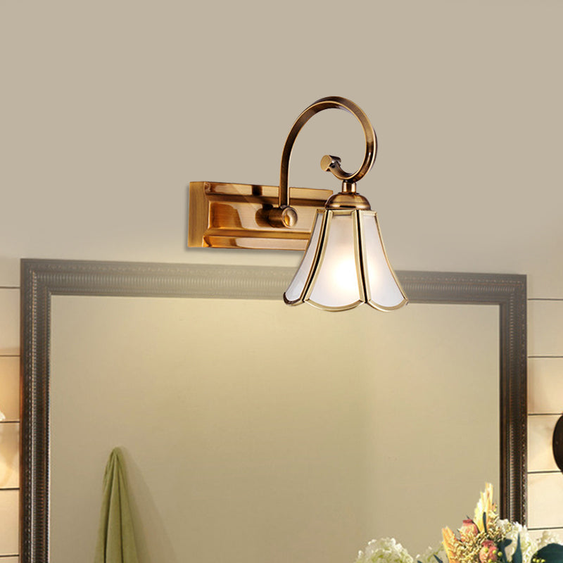 Skørter | Milk Glass Wave Edge Vanity Lamp Colonial Style 1/2/3-Head Bathroom Wall Light Fixture in Gold