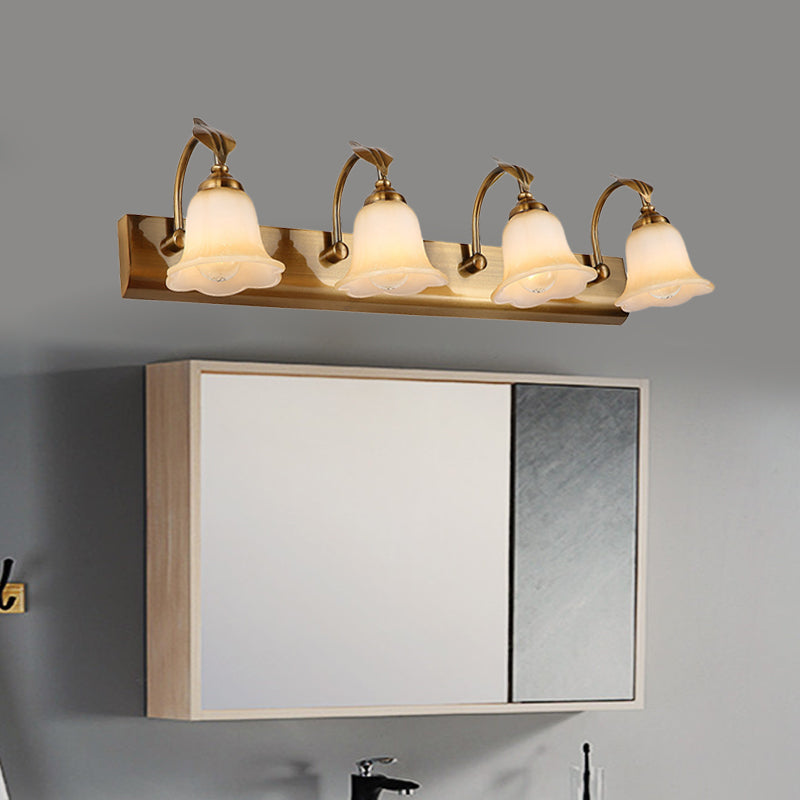 Skørter | Cream Glass Bloom Bar Light Colonial 1/2/3-Head Bathroom Vanity Lighting Fixture in Gold with Leaf Decor