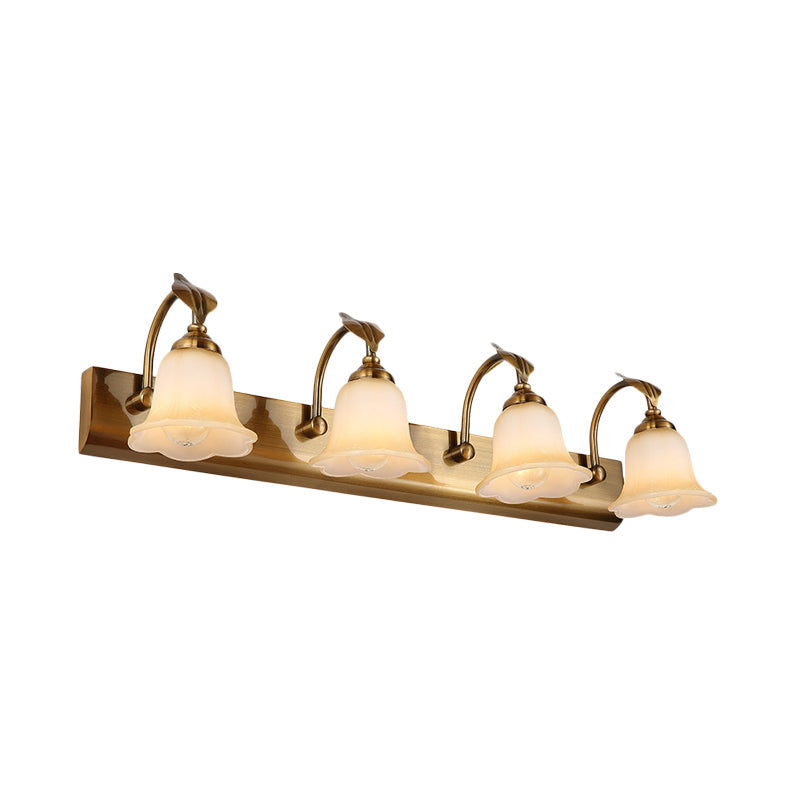 Skørter | Cream Glass Bloom Bar Light Colonial 1/2/3-Head Bathroom Vanity Lighting Fixture in Gold with Leaf Decor