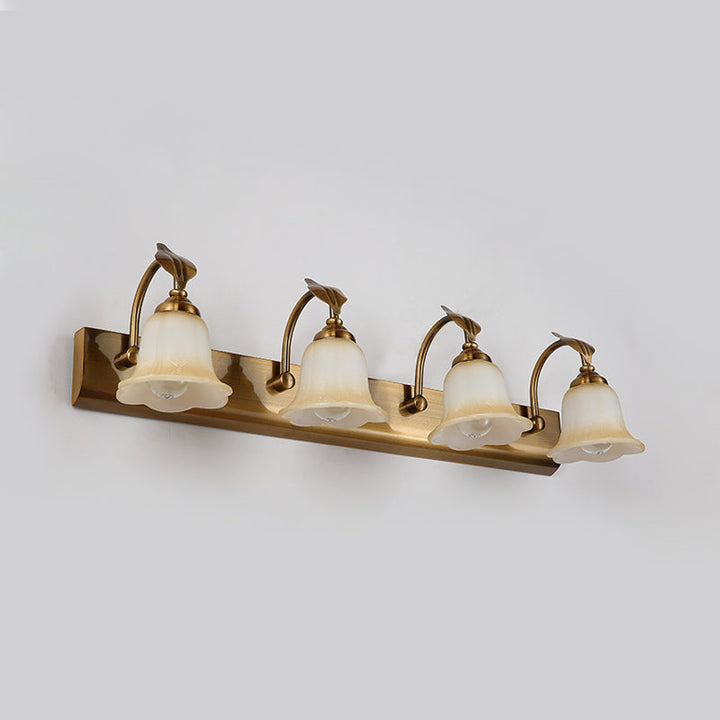 Skørter | Cream Glass Bloom Bar Light Colonial 1/2/3-Head Bathroom Vanity Lighting Fixture in Gold with Leaf Decor