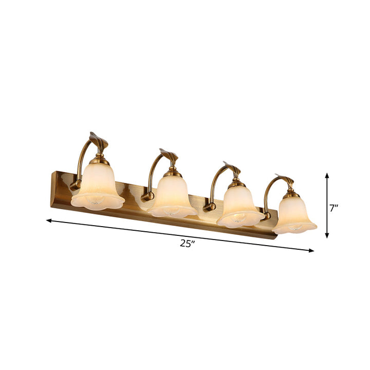 Skørter | Cream Glass Bloom Bar Light Colonial 1/2/3-Head Bathroom Vanity Lighting Fixture in Gold with Leaf Decor