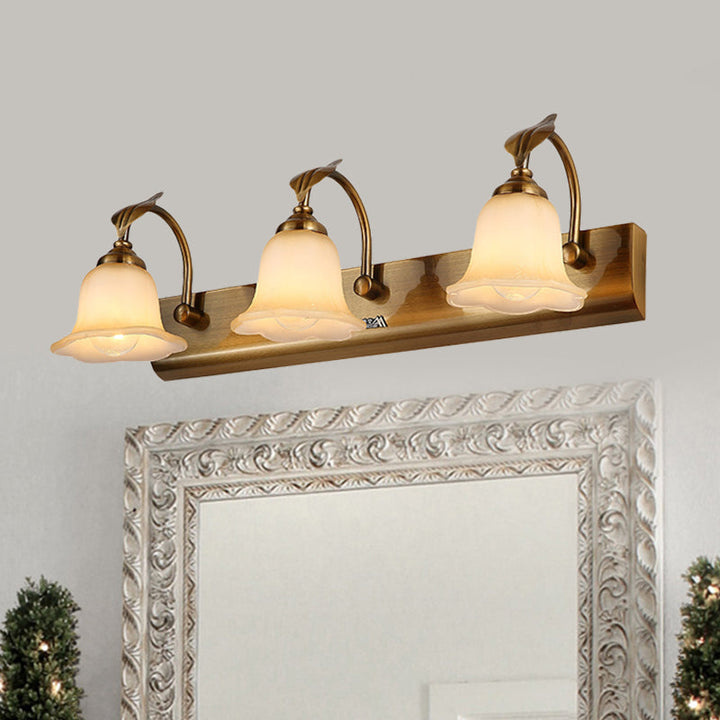 Skørter | Cream Glass Bloom Bar Light Colonial 1/2/3-Head Bathroom Vanity Lighting Fixture in Gold with Leaf Decor