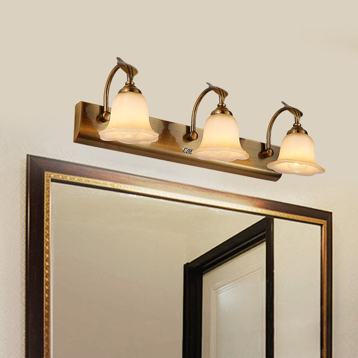Skørter | Cream Glass Bloom Bar Light Colonial 1/2/3-Head Bathroom Vanity Lighting Fixture in Gold with Leaf Decor