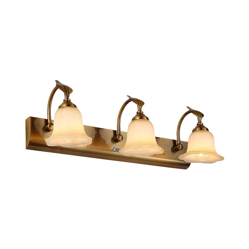 Skørter | Cream Glass Bloom Bar Light Colonial 1/2/3-Head Bathroom Vanity Lighting Fixture in Gold with Leaf Decor