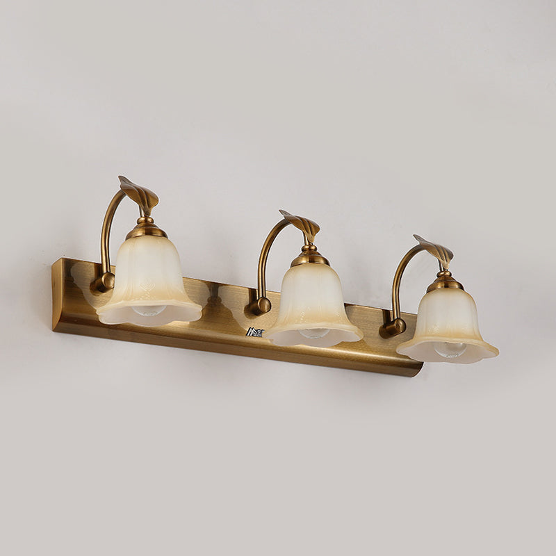 Skørter | Cream Glass Bloom Bar Light Colonial 1/2/3-Head Bathroom Vanity Lighting Fixture in Gold with Leaf Decor