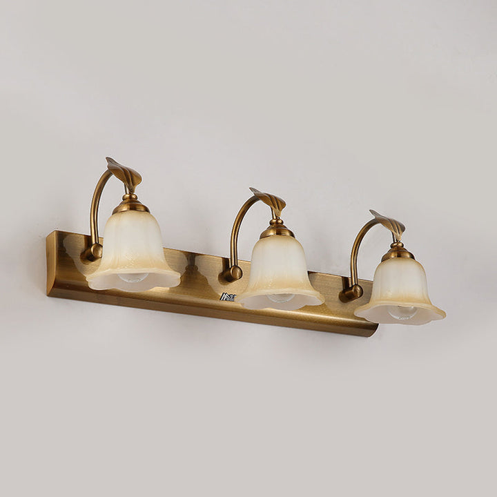 Skørter | Cream Glass Bloom Bar Light Colonial 1/2/3-Head Bathroom Vanity Lighting Fixture in Gold with Leaf Decor