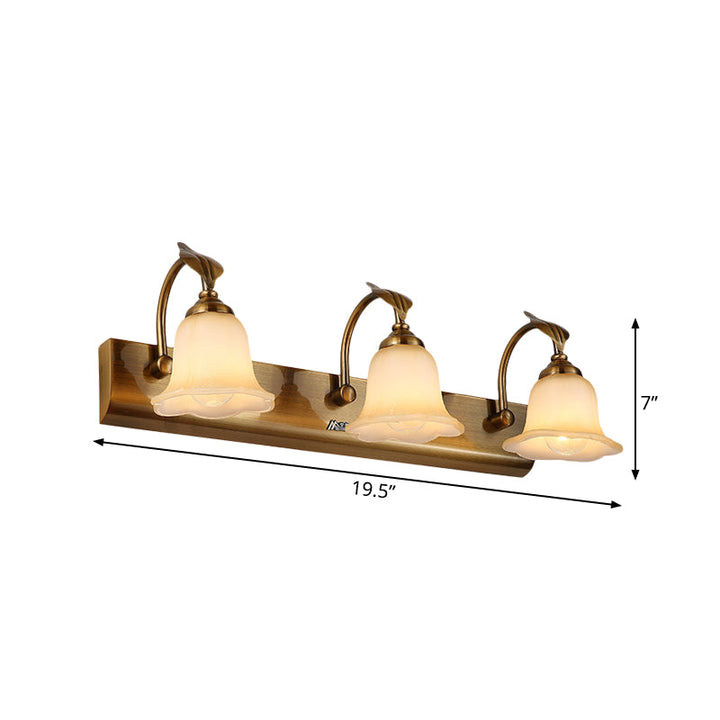 Skørter | Cream Glass Bloom Bar Light Colonial 1/2/3-Head Bathroom Vanity Lighting Fixture in Gold with Leaf Decor