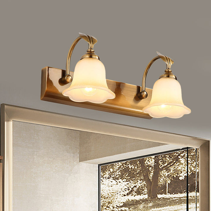 Skørter | Cream Glass Bloom Bar Light Colonial 1/2/3-Head Bathroom Vanity Lighting Fixture in Gold with Leaf Decor