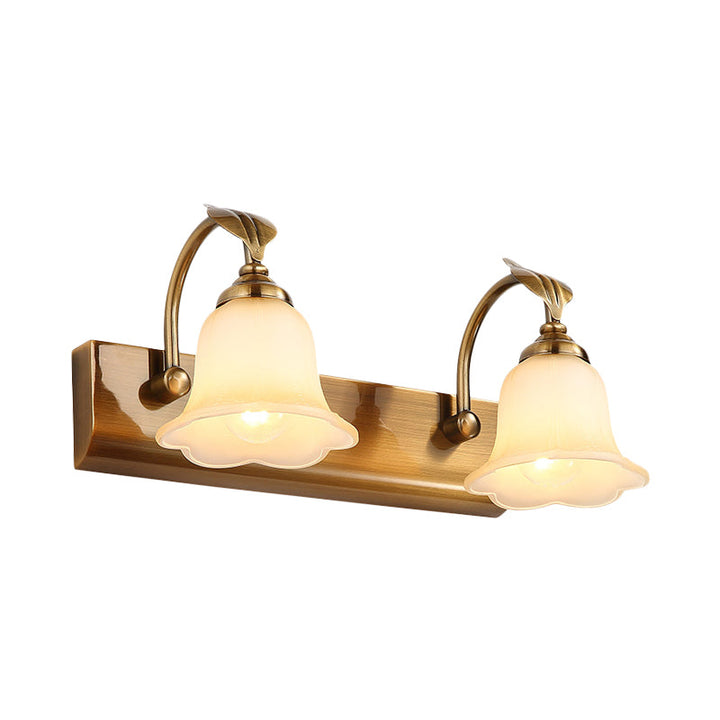Skørter | Cream Glass Bloom Bar Light Colonial 1/2/3-Head Bathroom Vanity Lighting Fixture in Gold with Leaf Decor