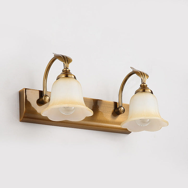 Skørter | Cream Glass Bloom Bar Light Colonial 1/2/3-Head Bathroom Vanity Lighting Fixture in Gold with Leaf Decor