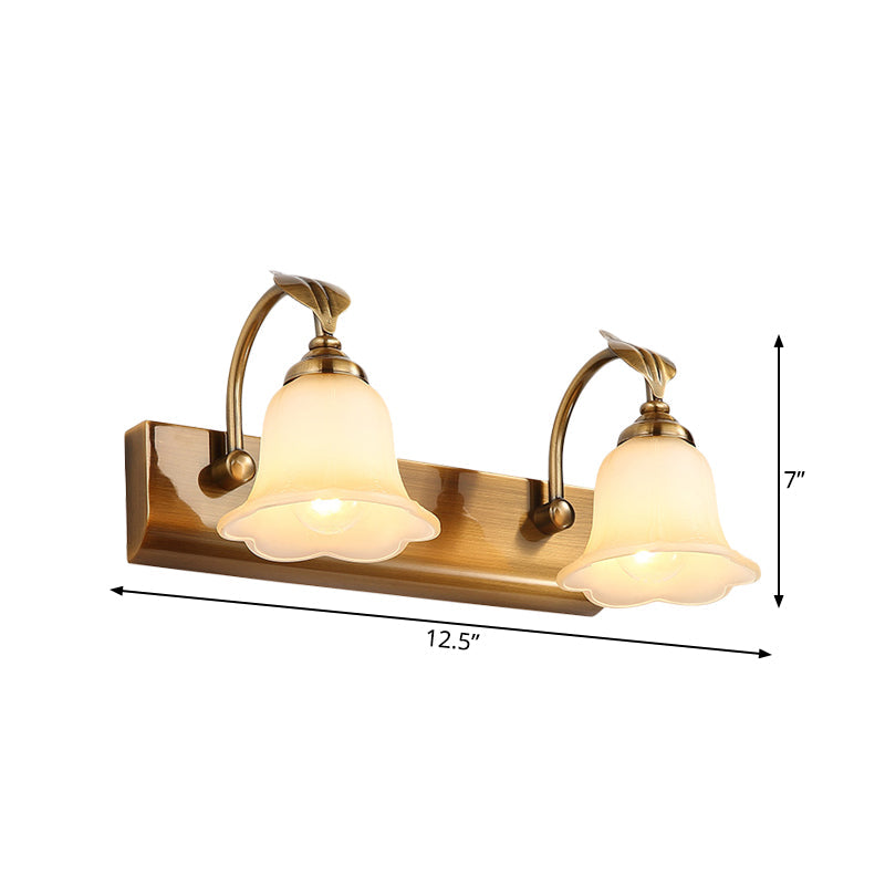 Skørter | Cream Glass Bloom Bar Light Colonial 1/2/3-Head Bathroom Vanity Lighting Fixture in Gold with Leaf Decor