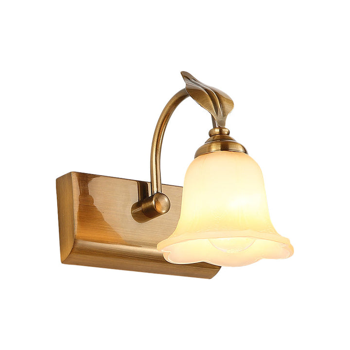 Skørter | Cream Glass Bloom Bar Light Colonial 1/2/3-Head Bathroom Vanity Lighting Fixture in Gold with Leaf Decor