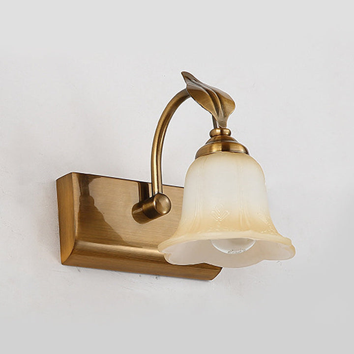 Skørter | Cream Glass Bloom Bar Light Colonial 1/2/3-Head Bathroom Vanity Lighting Fixture in Gold with Leaf Decor